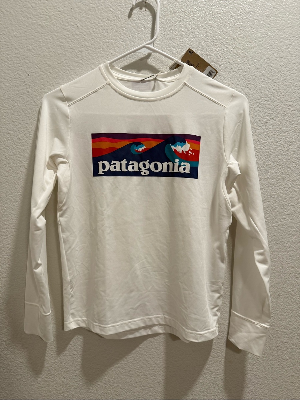 Patagonia White Long-Sleeve Logo Tee with Multicolor Mountain Graphic
